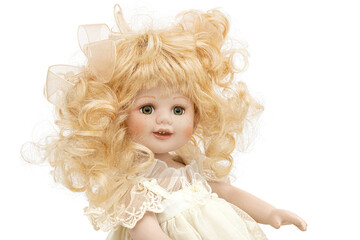 Fototapeta premium Vintage porcelain doll, isolated on white background