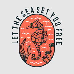 illustration of a seahorse in the deep sea with coral and seaweed - obrazy, fototapety, plakaty