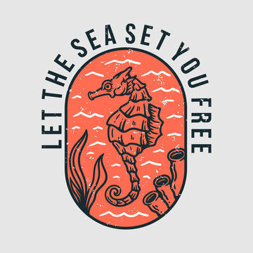 illustration of a seahorse in the deep sea with coral and seaweed