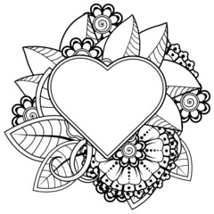 Mehndi flower with frame in shape of heart. decoration in ethnic oriental, doodle ornament.