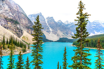 View of Moraine lake with alps
