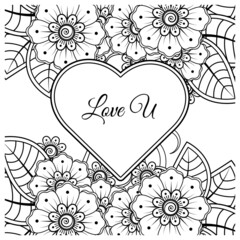 Mehndi flower with frame in shape of heart. decoration in ethnic oriental, doodle ornament.