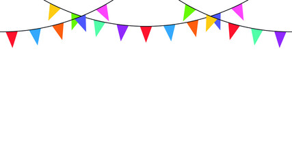 Colorful party flags. Garland with flags. Decorative colorful party pennants for birthday celebration, festival and fair decoration. Holiday background with hanging flags. Seamless rainbow garland.