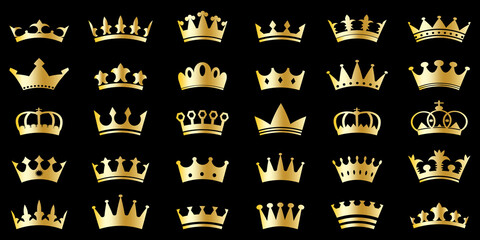 A lot of crowns. Logo art. Modern design. Golden sign. Black background. Hand drawn. Vector illustration. Stock image. 