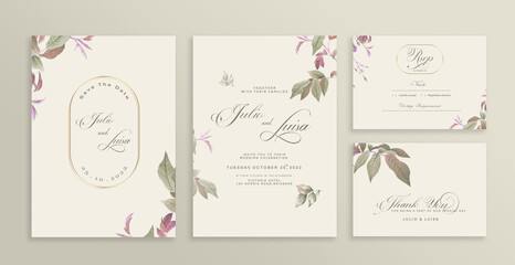 Vintage Wedding Invitation Set with Green Flower