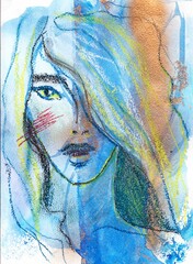 Portrait of a girl in golden-blue tones. Hand-painted drawing - pastel on a watercolor background. Rough textured lines.
