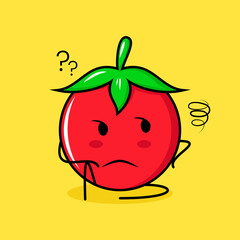 cute tomato character with thinking expression and sit down. green, red and yellow. suitable for emoticon, logo, mascot
