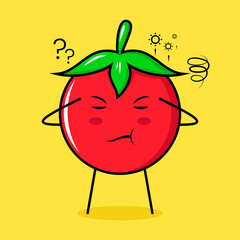 cute tomato character with thinking expression, close eyes and two hands on head. green, red and yellow. suitable for emoticon, logo, mascot
