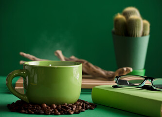 cup of hot green coffee with steam, old wooden trunk, cactus, book and reading glasses, space for text, dark green background.