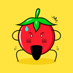 cute tomato character with shocked expression, two hands on head and mouth open. green, red and yellow. suitable for emoticon, logo, mascot