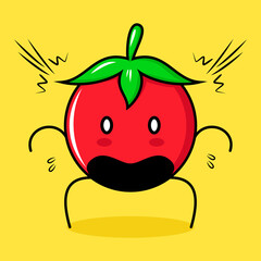 cute tomato character with shocked expression, mouth open and bulging eyes. green, red and yellow. suitable for emoticon, logo, mascot