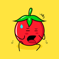cute tomato character with afraid expression and sit down. green, red and yellow. suitable for emoticon, logo, mascot