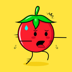 cute tomato character with afraid expression and run. green, red and yellow. suitable for emoticon, logo, mascot