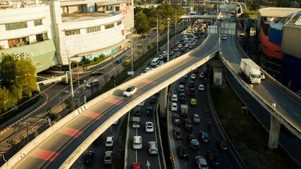 Aerial view Drone of rush hour cars in Dubai City in the Middle East.