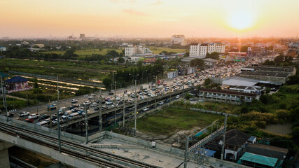 Obraz premium Aerial view Drone of rush hour cars in Dubai City in the Middle East.