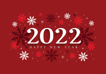 2022 Happy New Year banner, snowflakes card and red background.