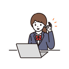 パソコンの前でOKサインをする学生服の女子高校生・中学生