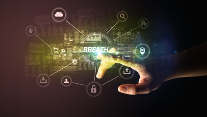 Obraz premium Hand touching cybersecurity button concept