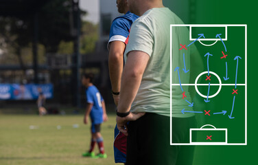 Football coach discusses to his team during a match in a high school soccer tournament. Game plan diagram showing each player’s position and movement as a team talk before game starts.