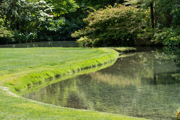 Grass lawn grows to edge of pond
