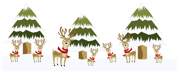 Cute vector Christmas theme wallpaper with Christmas trees and reindeer. The reindeers wear a res scarfs. The ground and trees covered by the snow. This background can use as greeting card border.
