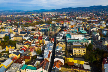 Fototapeta na wymiar Aerial view of Liberec cityscape with buildings and streets, Czech Republic