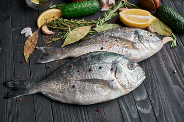 fresh fish ingredients wood board restaurant delicacy