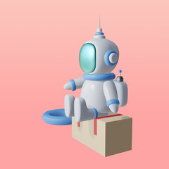 3d render astronaut is sitting on a cardboard package