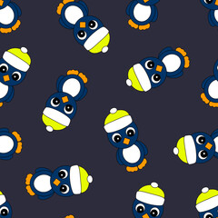 Seamless Pattern with Penguin on Violet Background.