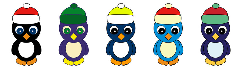 Set of 5 Colorful Penguins Isolated on White Background.