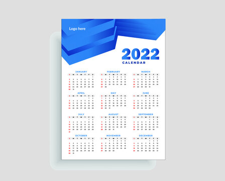 Blue One Pager 2022 Wall Calendar Vector Design Template  In Modern 12 Months