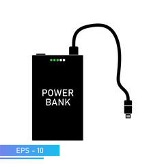 Power bank with a wire for charging any gadgets, ready to work. The illustration is solid black. Vector illustration.