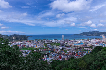 view of Patong and patong beach with the buildings and high-rise hotels and resorts in the background Kathu phuket Thailand 