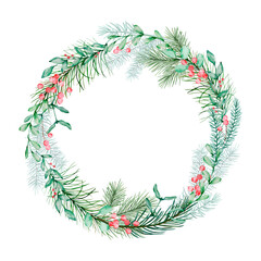 christmas wreath of winter greens and red berries