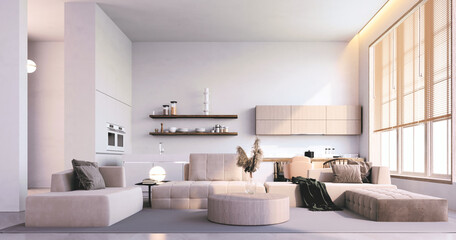 3d rendering,3d illustration, Interior Scene and  Mockup,The living room at the back is a kitchen for cooking in a modern style with natural light wood tones.