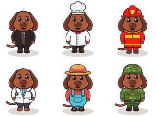 Vector illustration with cute Dog of different professions. cute job Animal cartoon bundle set.