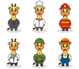 Vector illustration with cute Giraffe of different professions. cute job Animal cartoon bundle set.