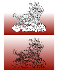Chinese Unicorn Qilin Kirin Mythical Beast Creature standing on a Asian style cloud Hand Draw Drawing vectored