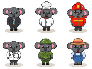 Vector illustration with cute Koala of different professions. cute job Animal cartoon bundle set.