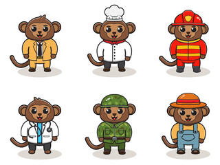 Vector illustration with cute Monkey of different professions. cute job Animal cartoon bundle set.