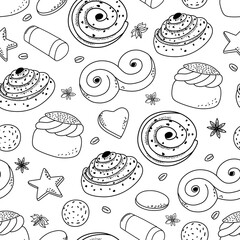 Traditional Swedish sweets seamless pattern. Suitable for printing on packaging, paper, for menu design. Coloring page. Vector contour background.