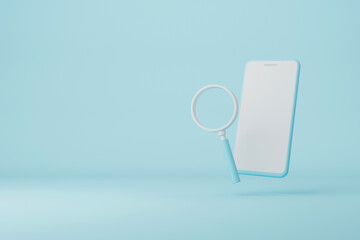 Mobile Smartphone and magnifying glass on light blue background. Searching information data in smart phone on internet networking concept. 3d illustration - obrazy, fototapety, plakaty