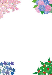 桜、あじさい、桔梗、千両、四季の花草の和風イラストの背景素材