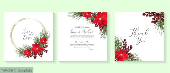 Vector template for wedding or Christmas party invitation. New Year's design. Gold frame, spruce branches, poinsettia flowers, red berries.