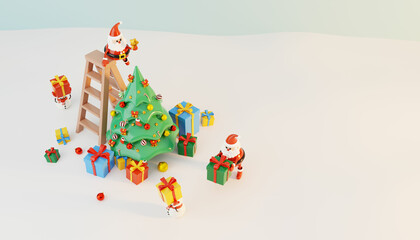 Santa Claus and snowman decorates the Christmas tree surrounded by gift boxes. Holiday Christmas new year concept. 3d rendering