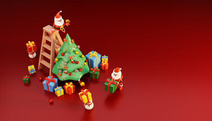 Santa Claus and snowman decorates the Christmas tree surrounded by gift boxes on red background. Holiday Christmas new year concept. 3d rendering