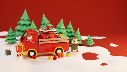 Santa Claus and snowman putting gift boxes on Christmas truck with gifts bag on pine forest. Holiday Christmas new year concept. 3d rendering
