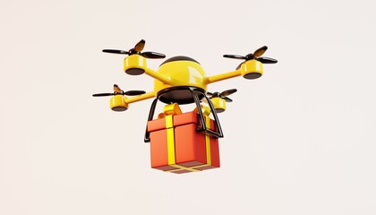 The yellow drone sends a red gift box to the customer by flying on white background. 3D rendering