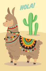 Llama saying Hola. Greeting card with cute funny alpaca animal