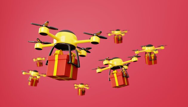 The yellow drones send a gift box to the customer by flying on red background. 3D rendering